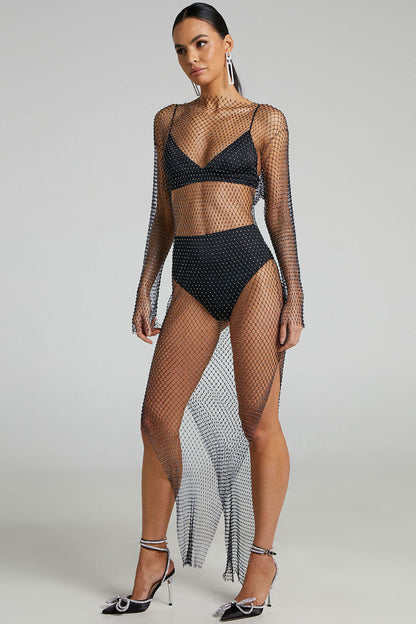 Rhinestone Fishnet Bell Sleeve Crop Top and High Slit Midi Skirt Set