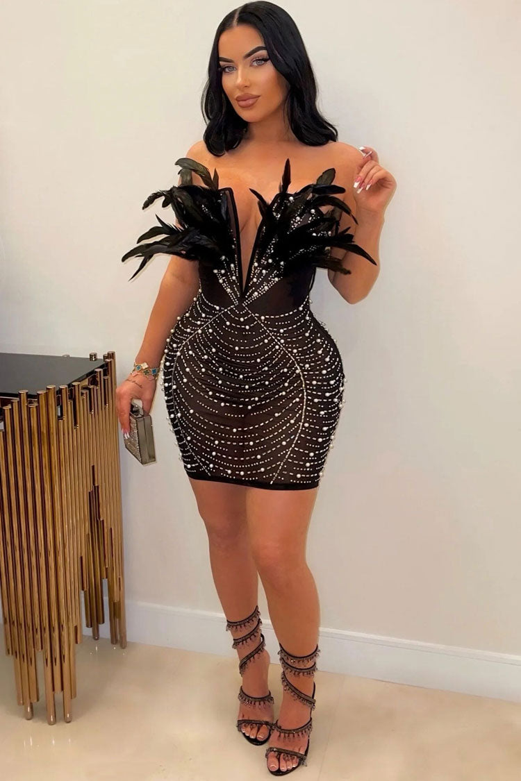 Feather Trim Deep V-Neck Rhinestone Mesh Strapless Party Mini Dress