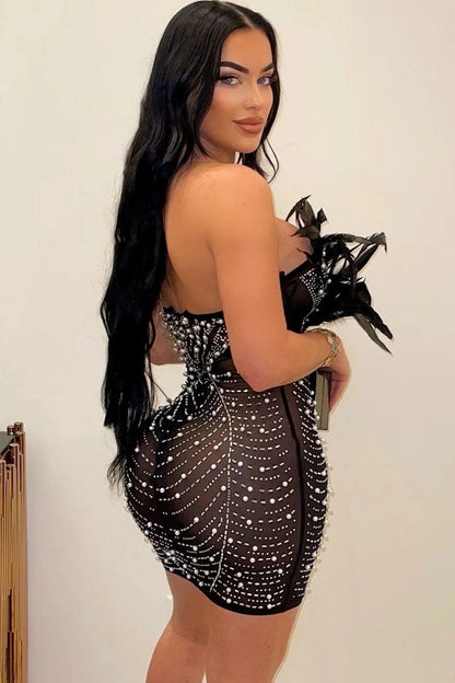Feather Trim Deep V-Neck Rhinestone Mesh Strapless Party Mini Dress