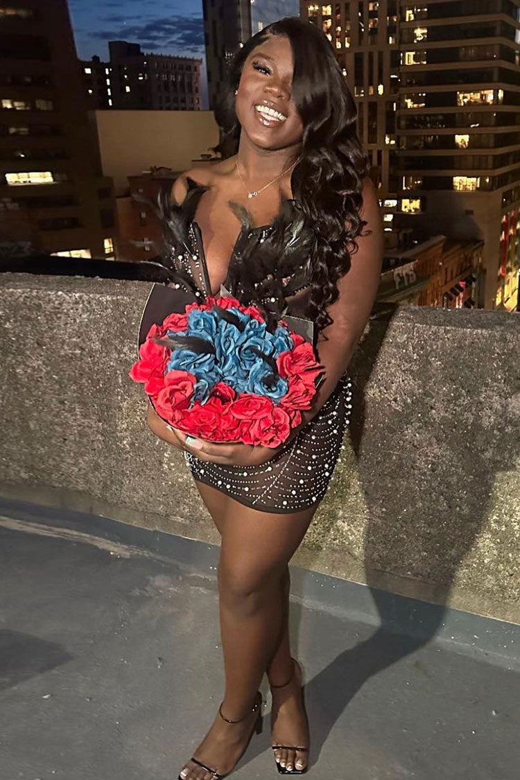 Feather Trim Deep V-Neck Rhinestone Mesh Strapless Party Mini Dress