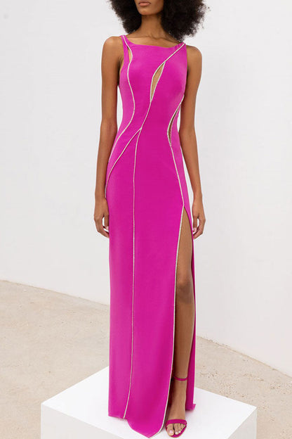 Boat Neck Rhinestone Trim Cutout High Slit Column Maxi Gown