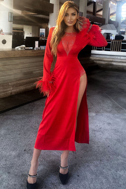 Rhinestone Mesh Illusion Neck Feather Cuff Long Sleeve High Split Maxi Gown