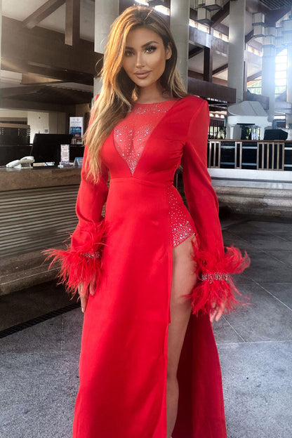 Rhinestone Mesh Illusion Neck Feather Cuff Long Sleeve High Split Maxi Gown