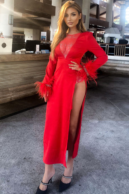 Rhinestone Mesh Illusion Neck Feather Cuff Long Sleeve High Split Maxi Gown