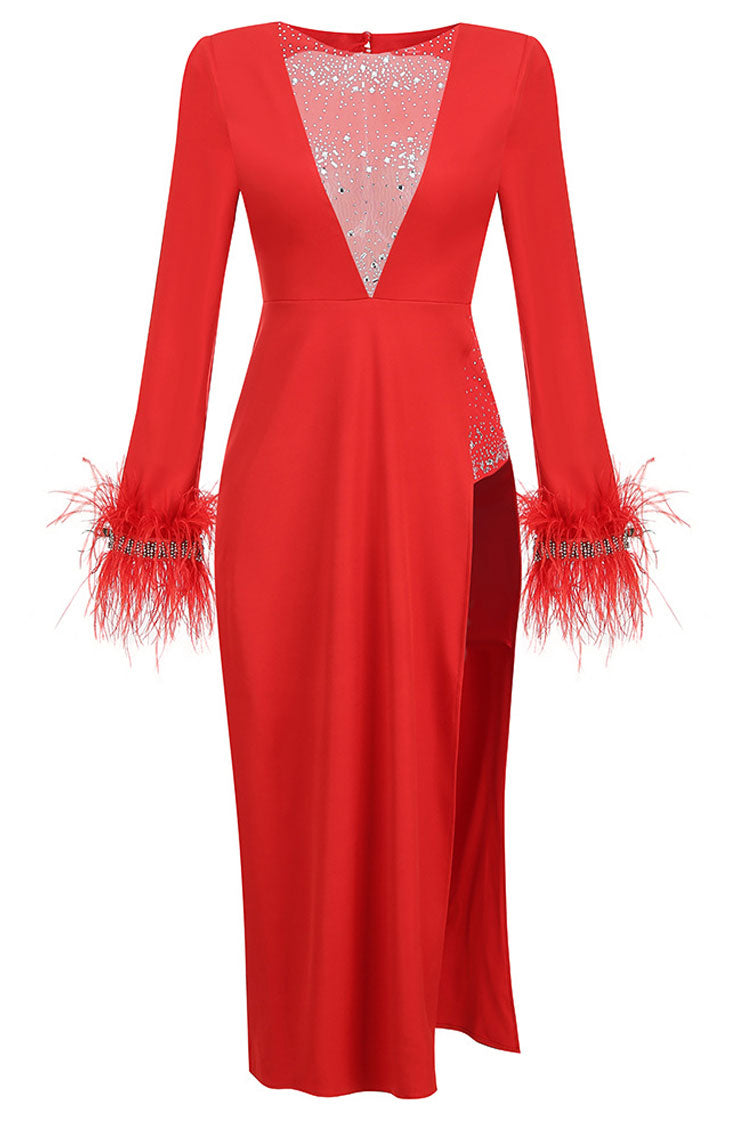 Rhinestone Mesh Illusion Neck Feather Cuff Long Sleeve High Split Maxi Gown