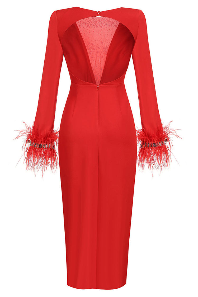 Rhinestone Mesh Illusion Neck Feather Cuff Long Sleeve High Split Maxi Gown