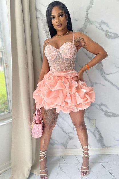 Sweetheart Neck Rhinestone Embellished Corset Bodice Sheer Mesh Tiered Tulle Mini Dress