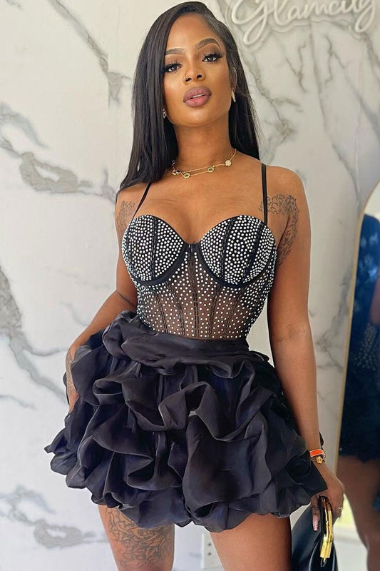 Rhinestone Mesh Corset Sweetheart Tiered Bubble Ruffle Party Mini Dress