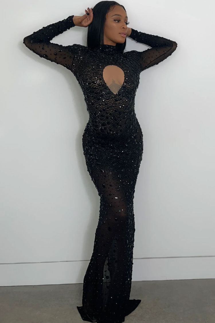 Rhinestone Embellished Mock Neck Keyhole Sheer Mesh Long Sleeve Maxi Dress