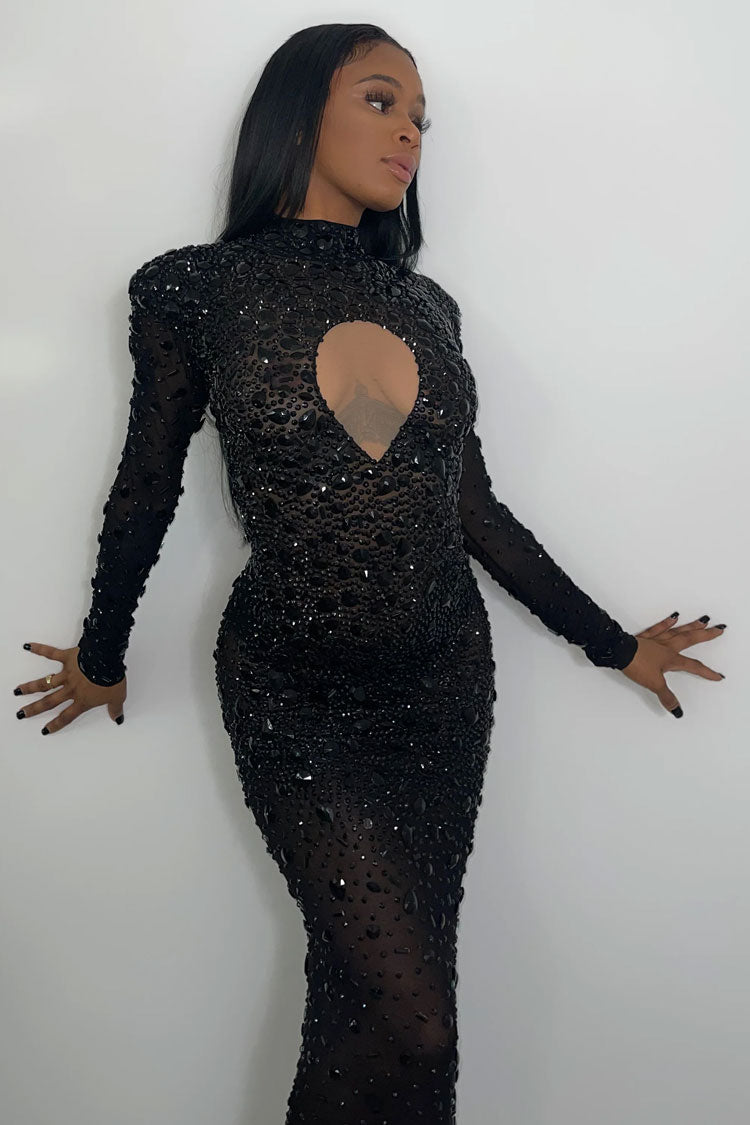 Rhinestone Embellished Mock Neck Keyhole Sheer Mesh Long Sleeve Maxi Dress