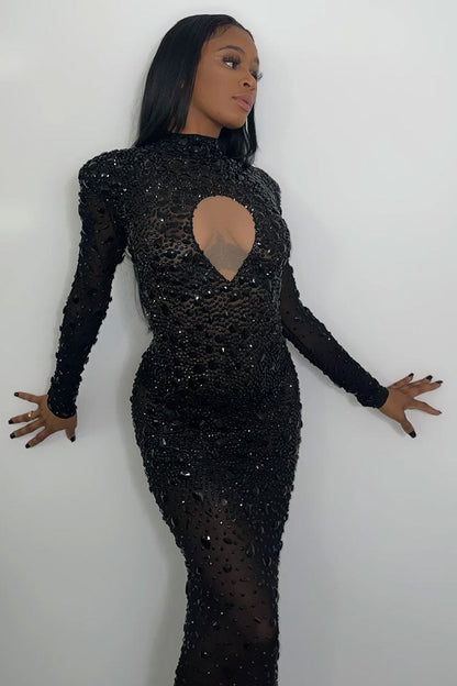 Rhinestone Embellished Mock Neck Keyhole Sheer Mesh Long Sleeve Maxi Dress
