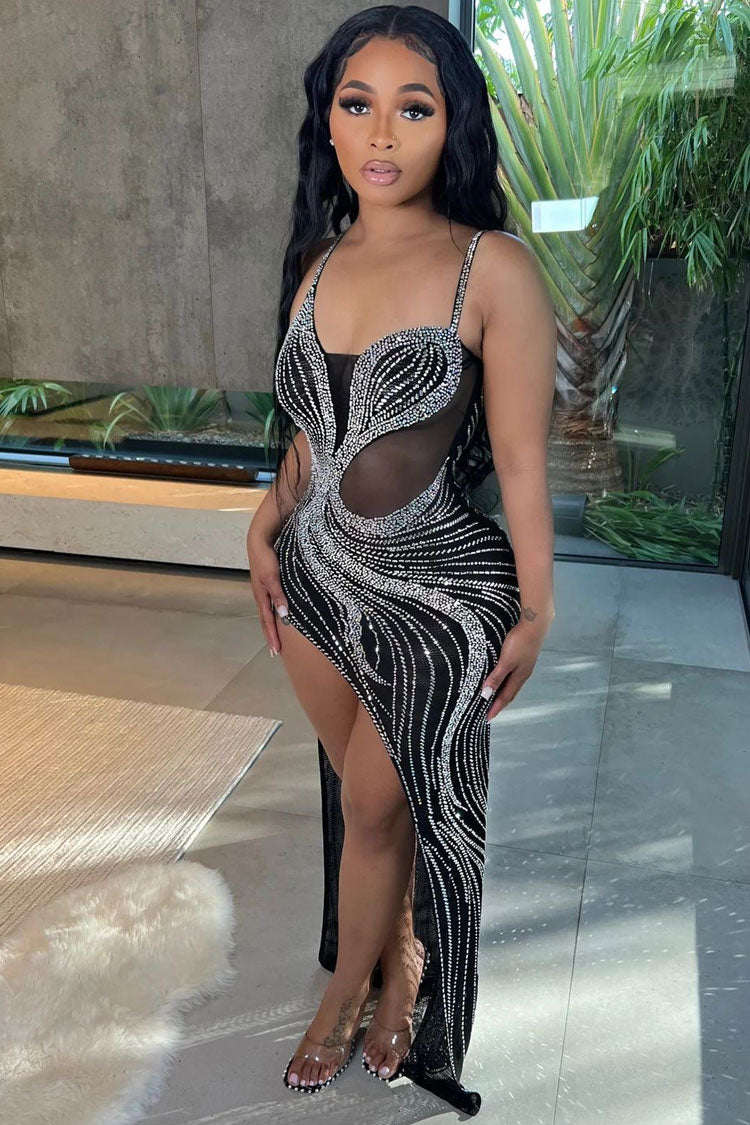 Rhinestone Wave Pattern Mesh Panel High Split Maxi Dress