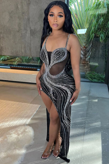 Rhinestone Wave Pattern Mesh Panel High Split Maxi Dress