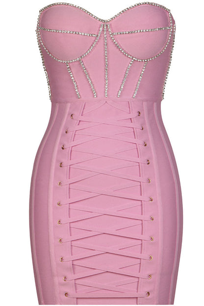 Strapless Sweetheart Rhinestone Trim Lace-Up Front Bandage Mini Dress