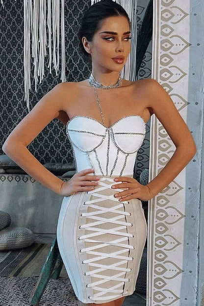 Strapless Sweetheart Rhinestone Trim Lace-Up Front Bandage Mini Dress