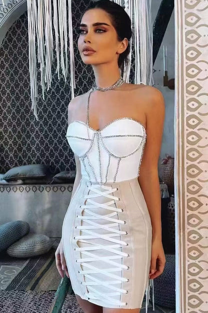 Strapless Sweetheart Rhinestone Trim Lace-Up Front Bandage Mini Dress