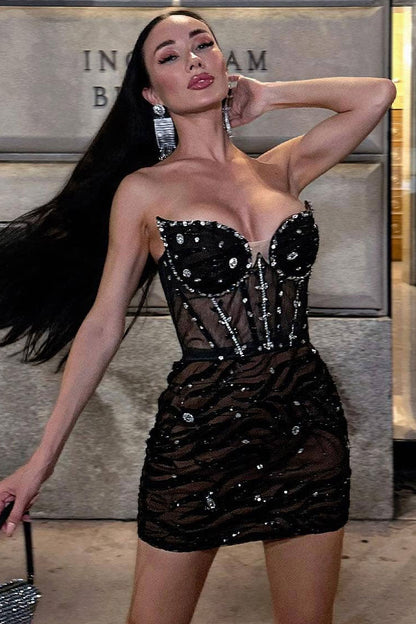 Rhinestone Corset Sweetheart Strapless Ruched Abstract Sequin Mesh Mini Dress