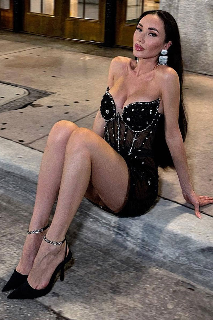 Rhinestone Corset Sweetheart Strapless Ruched Abstract Sequin Mesh Mini Dress