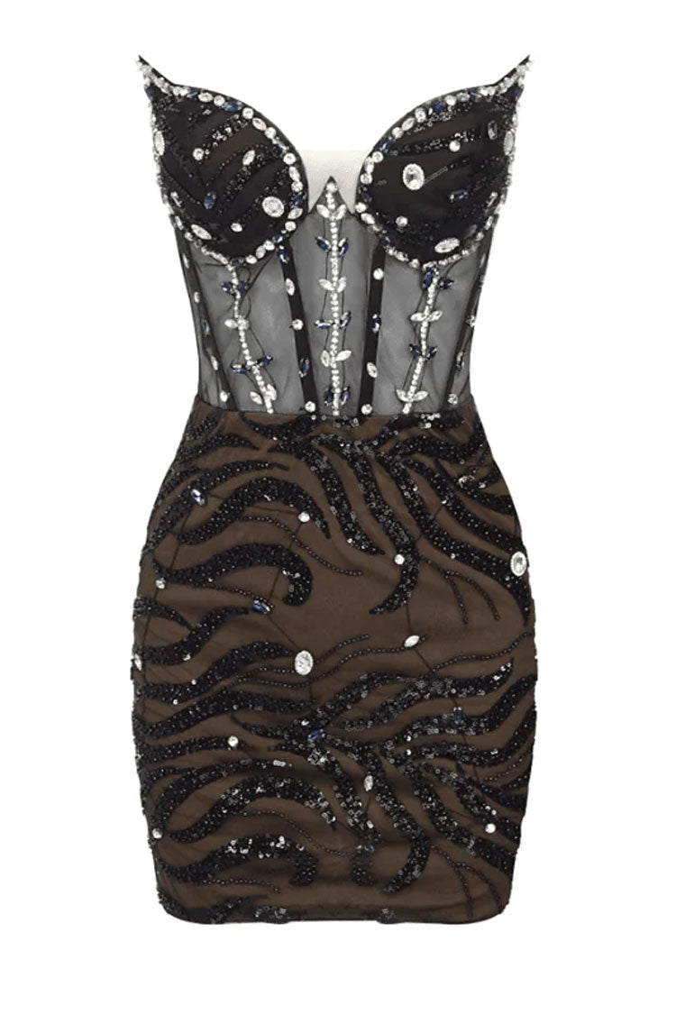 Rhinestone Corset Sweetheart Strapless Ruched Abstract Sequin Mesh Mini Dress