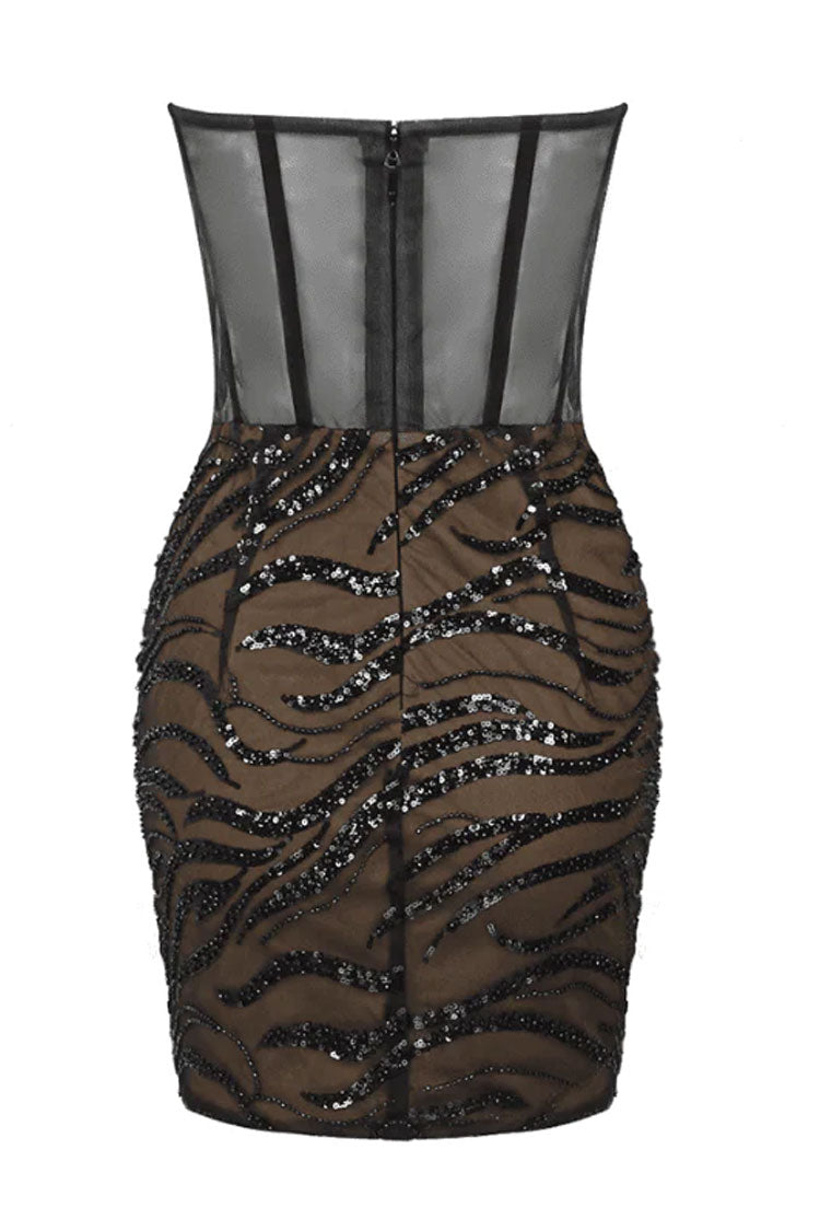 Rhinestone Corset Sweetheart Strapless Ruched Abstract Sequin Mesh Mini Dress