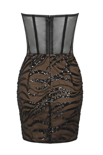 Rhinestone Corset Sweetheart Strapless Ruched Abstract Sequin Mesh Mini Dress