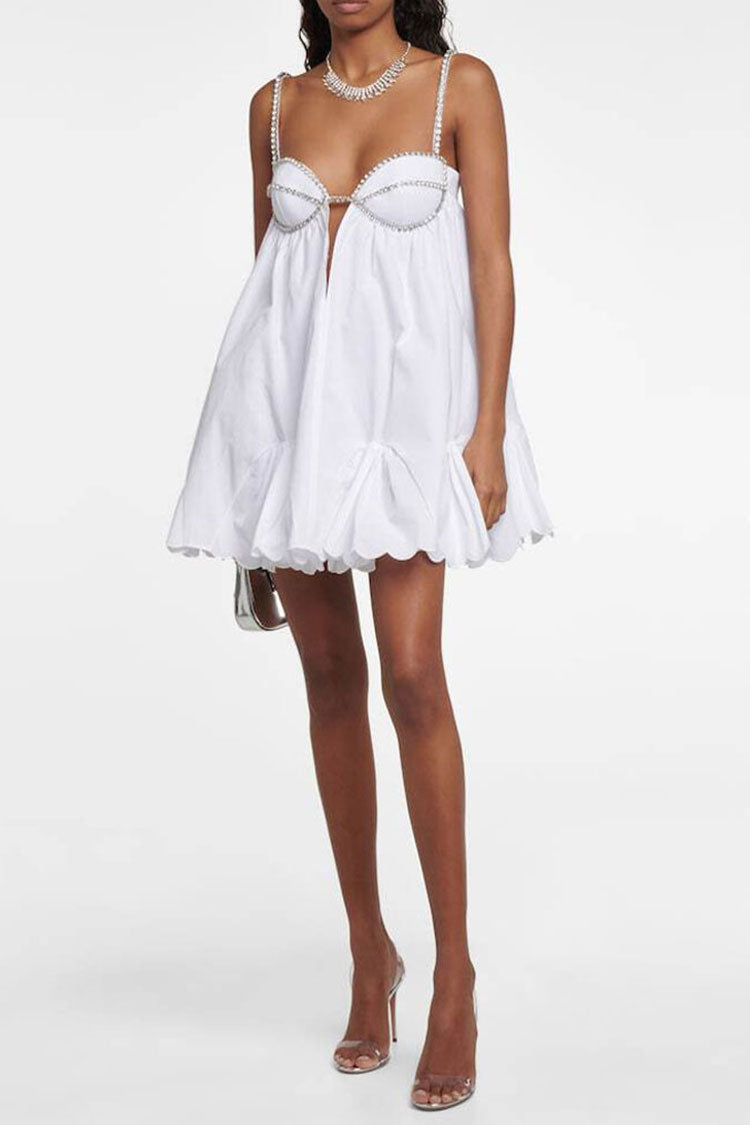 Rhinestone Strap Sweetheart Cutout Ruffled Babydoll Mini Dress