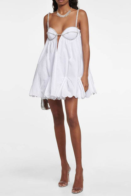 Rhinestone Strap Sweetheart Cutout Ruffled Babydoll Mini Dress