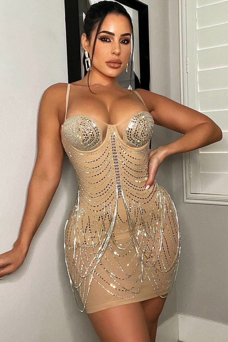 Rhinestone Sweetheart Neck Sheer Mesh Draped Chain Bodycon Mini Dress