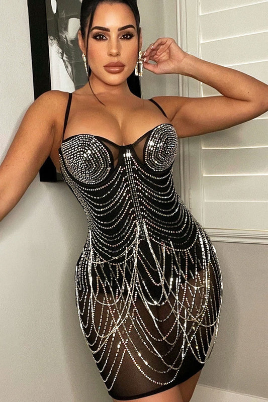 Rhinestone Sweetheart Neck Sheer Mesh Draped Chain Bodycon Mini Dress