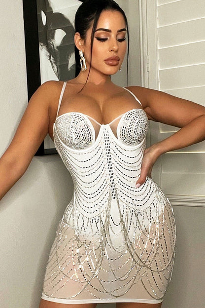 Rhinestone Sweetheart Neck Sheer Mesh Draped Chain Bodycon Mini Dress