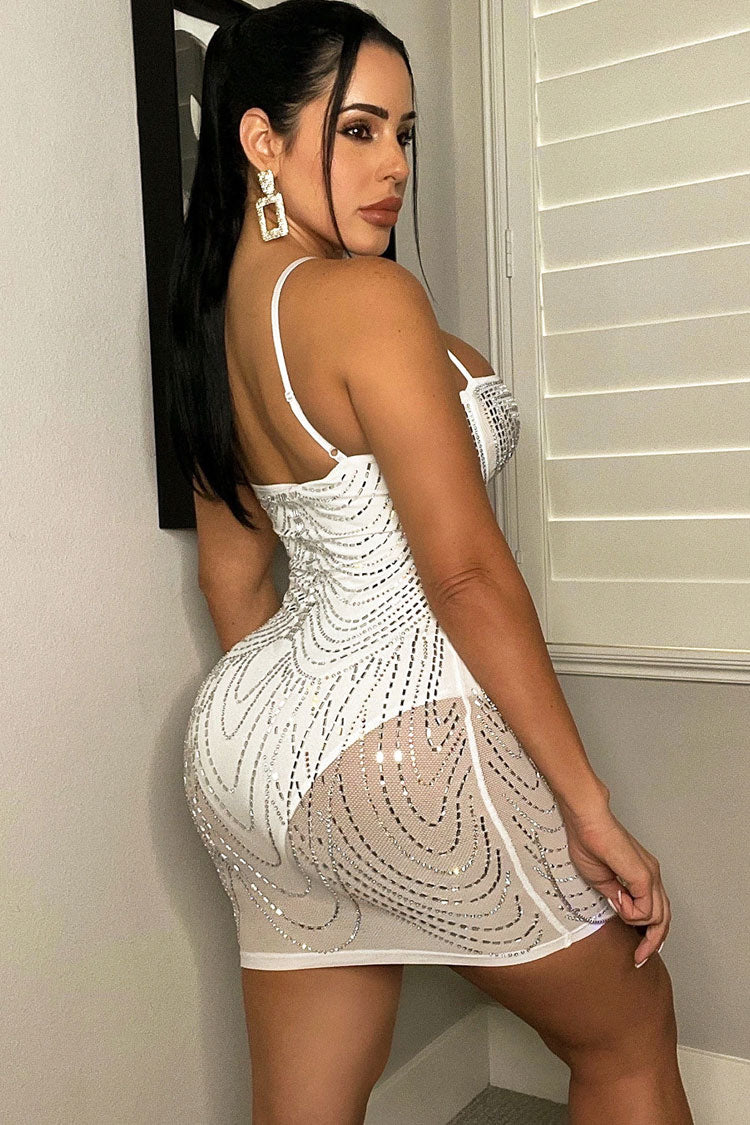 Rhinestone Sweetheart Neck Sheer Mesh Draped Chain Bodycon Mini Dress