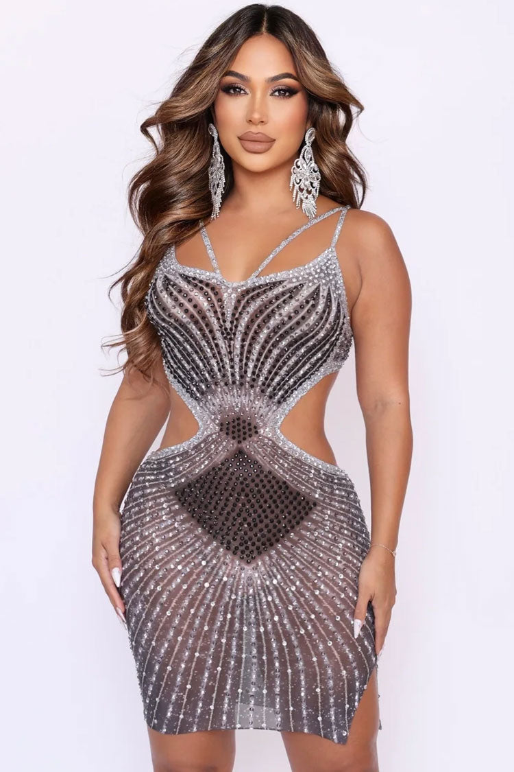 Rhinestone Crisscross Strap Side Cutout Sheer Mesh Bodycon Mini Dress