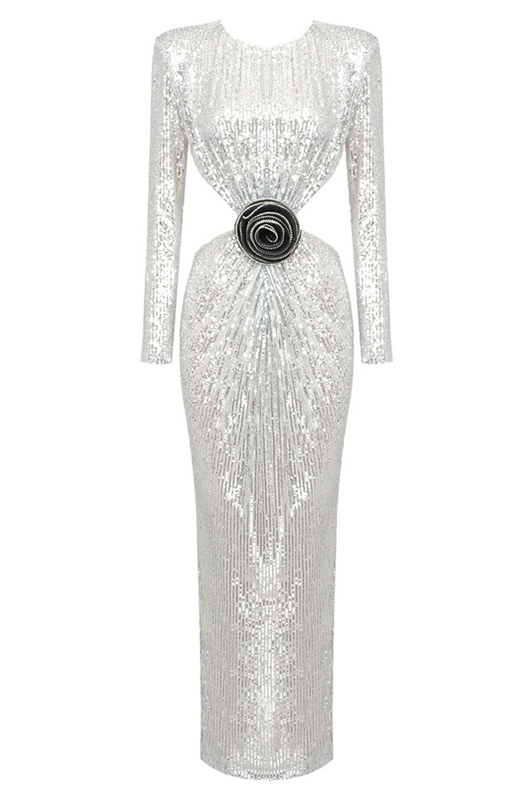 Sequin Rosette Waist Cutout Long Sleeve Crew Neck Maxi Gown