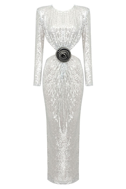 Sequin Rosette Waist Cutout Long Sleeve Crew Neck Maxi Gown