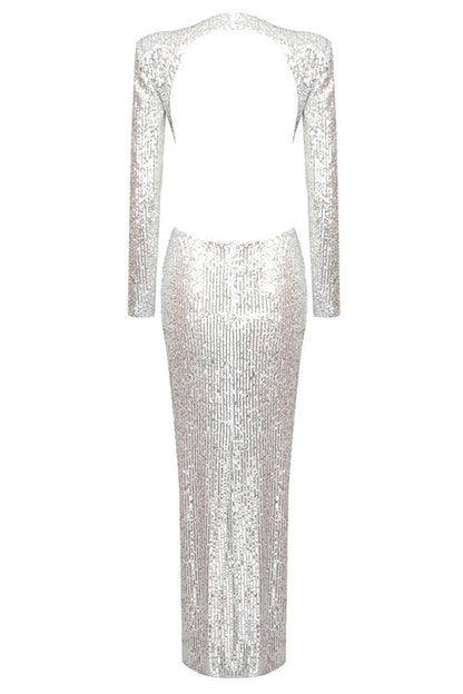 Sequin Rosette Waist Cutout Long Sleeve Crew Neck Maxi Gown
