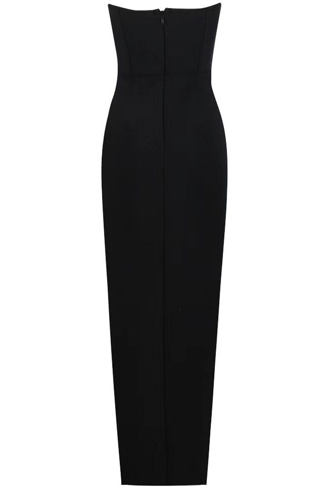 Strapless Rhinestone Rosette Applique High Slit Bodycon Midi Dress