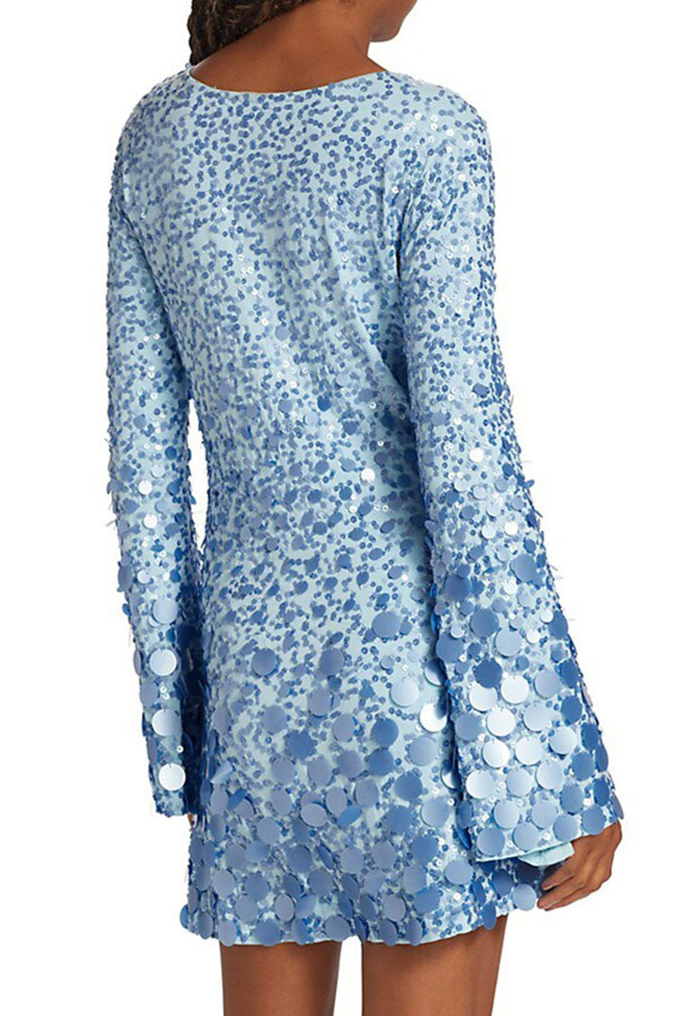 Mixed Scale Sequin Round Neck Long Sleeve Mini Dress