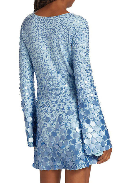 Mixed Scale Sequin Round Neck Long Sleeve Mini Dress