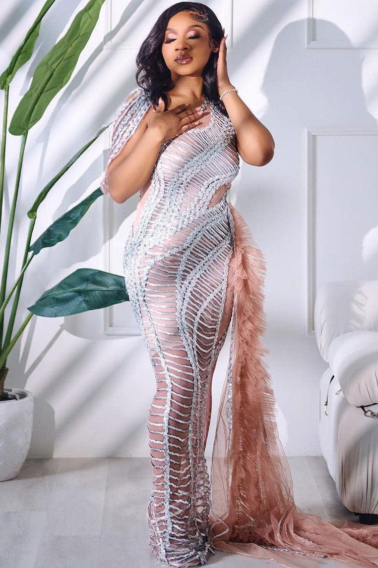 One Shoulder Sequin Mesh Wave Pattern Ruffle Train Mermaid Maxi Gown