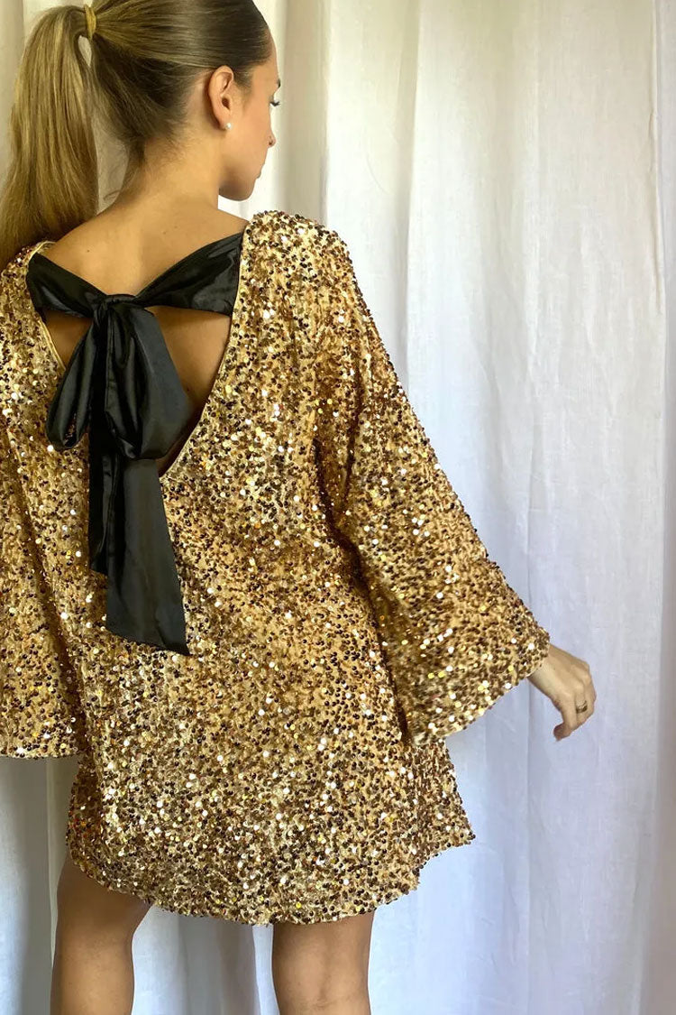Sequin Velvet Long Sleeve Open Back Satin Bow Tie Mini Dress