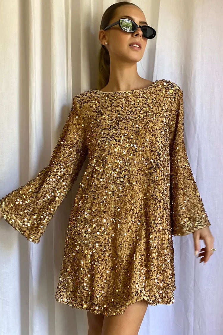 Sequin Velvet Long Sleeve Open Back Satin Bow Tie Mini Dress