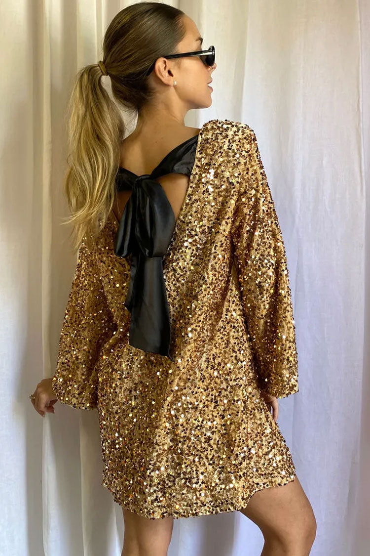 Sequin Velvet Long Sleeve Open Back Satin Bow Tie Mini Dress