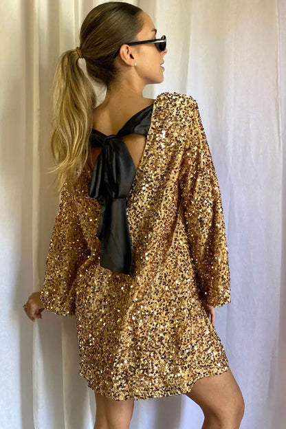 Sequin Velvet Long Sleeve Open Back Satin Bow Tie Mini Dress