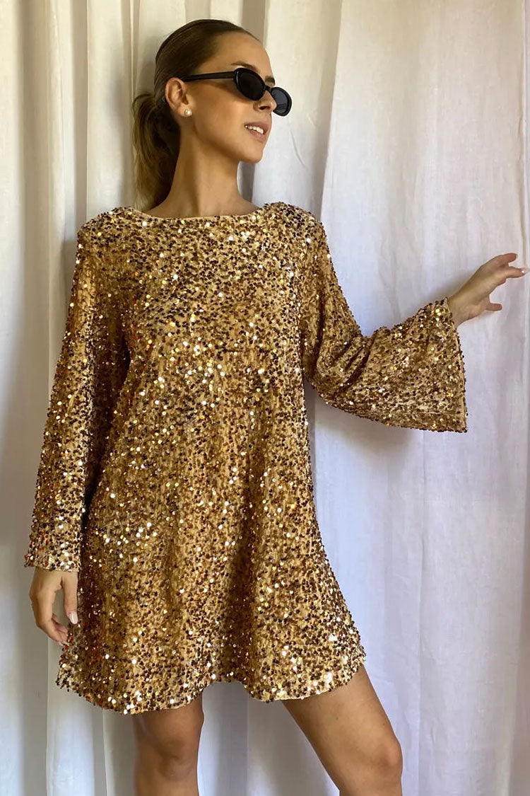 Sequin Velvet Long Sleeve Open Back Satin Bow Tie Mini Dress
