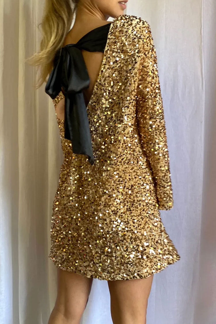 Sequin Velvet Long Sleeve Open Back Satin Bow Tie Mini Dress