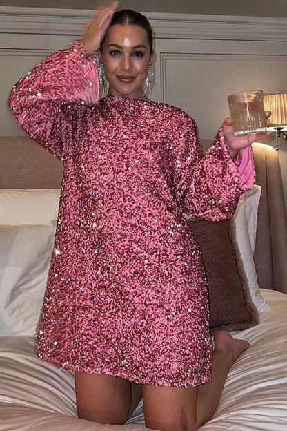 Sequin Bell Sleeve Boat Neck Shift Party Mini Dress