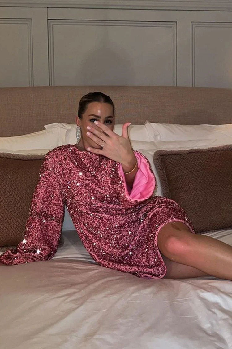 Sequin Bell Sleeve Boat Neck Shift Party Mini Dress