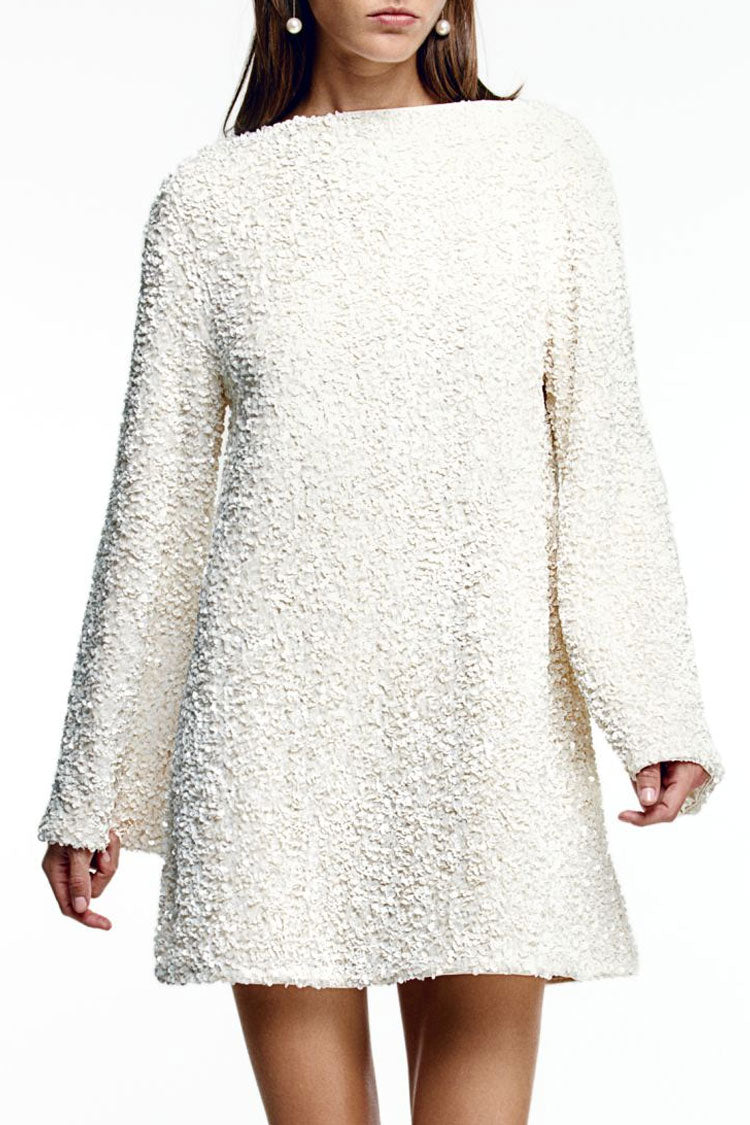 Textured Applique Open Back Large Satin Bow Long Sleeve Mini Dress