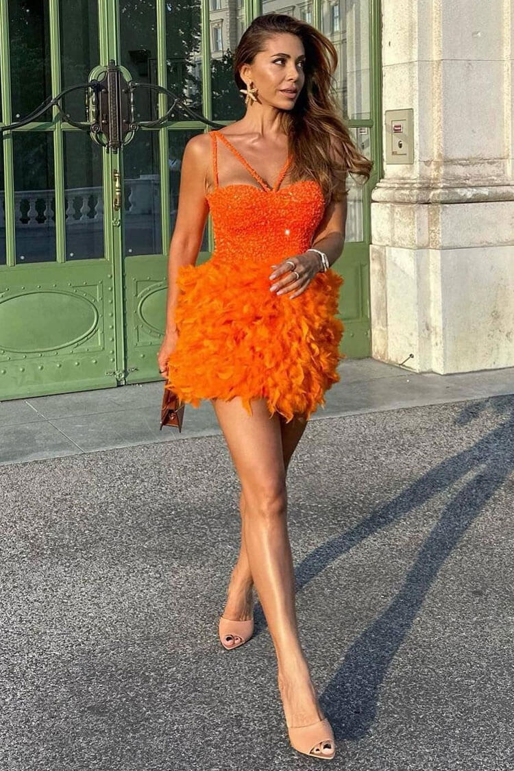 Sequin Spaghetti Strap Criss-Cross Neck Feather Trim Bustier Mini Dress