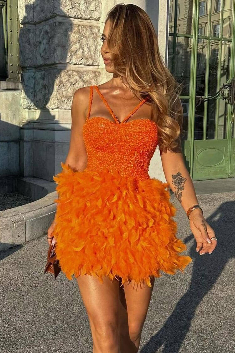 Sequin Spaghetti Strap Criss-Cross Neck Feather Trim Bustier Mini Dress
